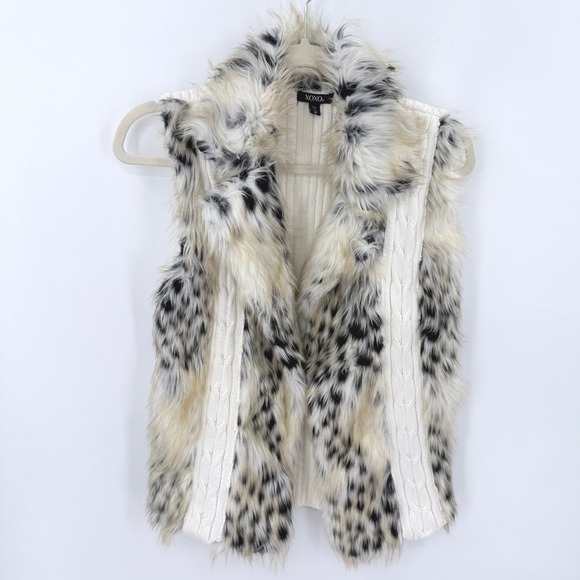 XOXO Jackets & Blazers - XOXO Womens Faux Fur Cable Knit Vest Cream Black Spotted Animal Print Medium Y2k